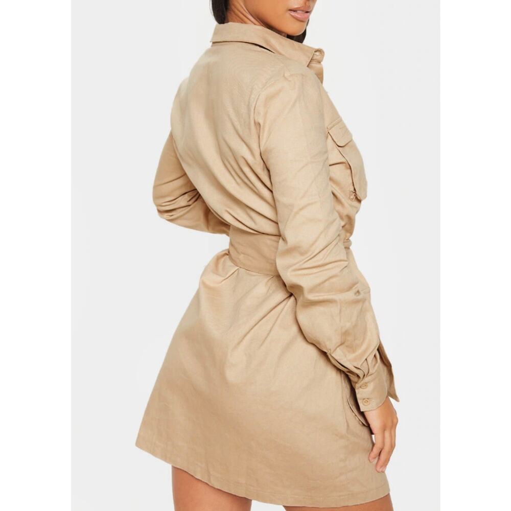 NWT Pretty Little Thing Fawn Khaki Utility Tie Waist Shirt Dress Women's Small - Picture 2 of 13